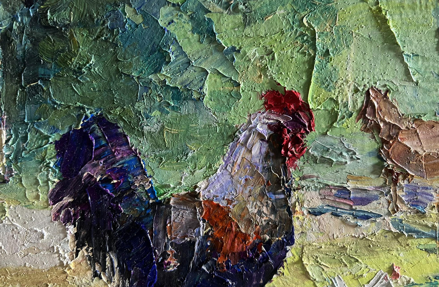 Oil painting Master of the Yard by Boris Serdyuk: textured rooster with red comb
