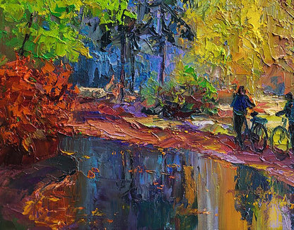Vibrant impressionist oil painting by Boris Serdyuk of cyclists on autumn path