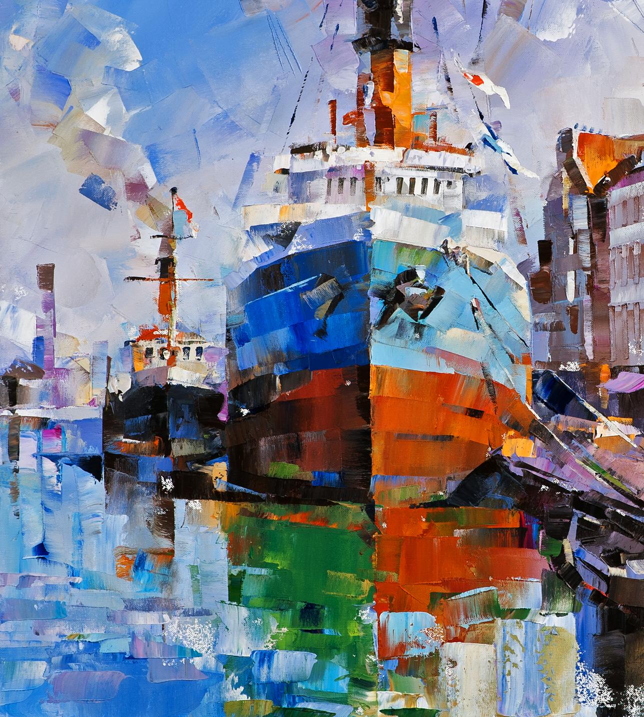 Oil painting Second Bank by Volodymyr Gluhomanyuk: vibrant abstract cargo ship