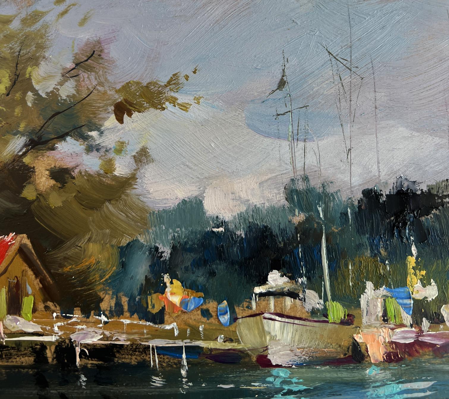 Textured impressionist oil painting of small yacht club by Yuriy Suprunchuk