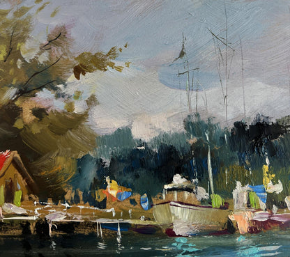 Textured impressionist oil painting of small yacht club by Yuriy Suprunchuk