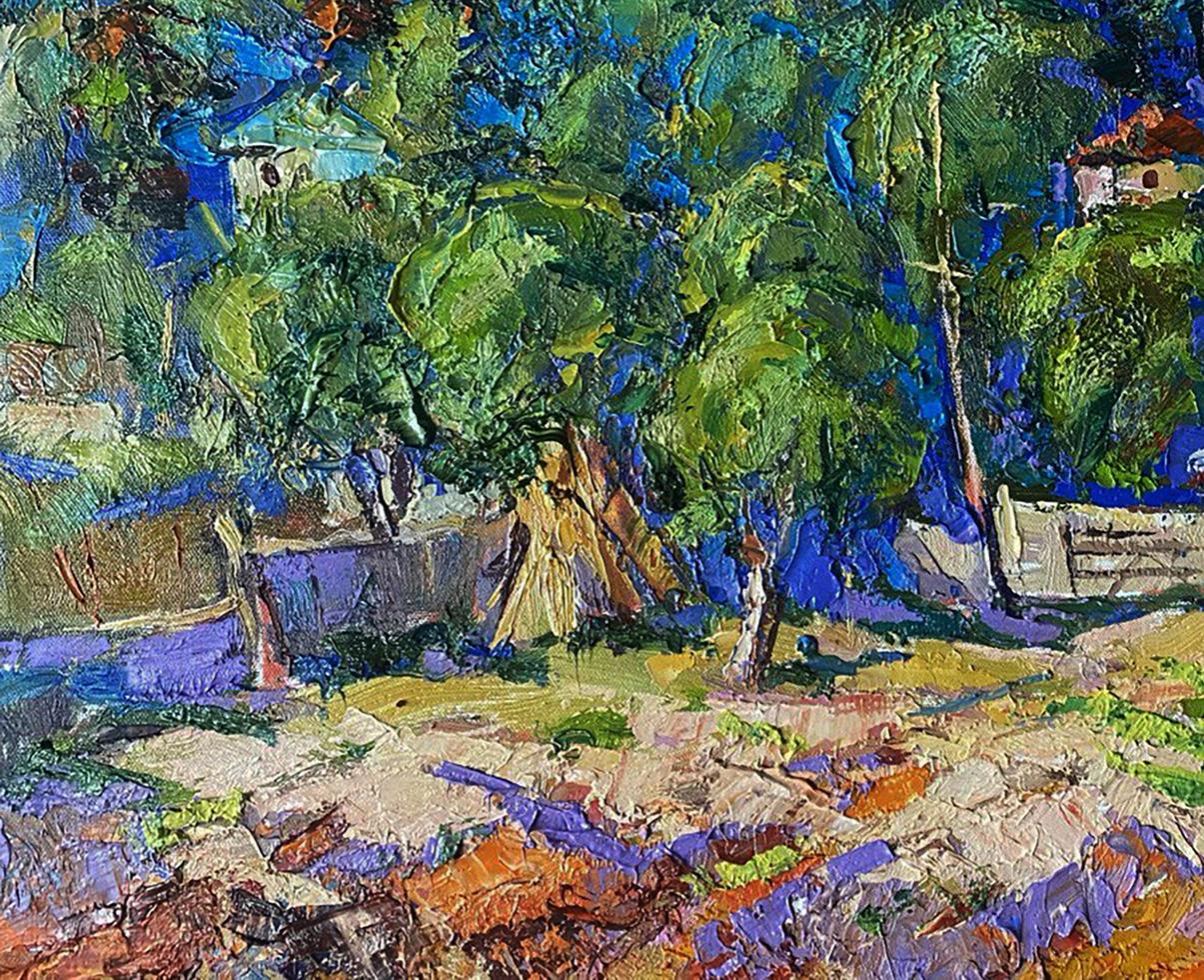 Vibrant impressionist oil painting of Oleksiy Ivanyuks village in a valley