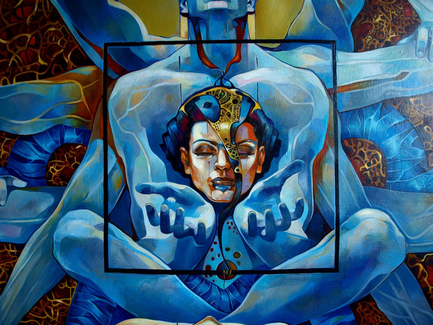Oil painting Ashwattha by Konsta G. Amelinn: surreal blue-skinned figure with golden mechanical face