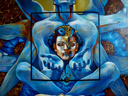 Oil painting Ashwattha by Konsta G. Amelinn: surreal blue-skinned figure with golden mechanical face