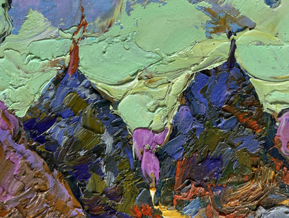 Vibrant oil painting of haystacks on golden field by Oleksiy Ivanyuk