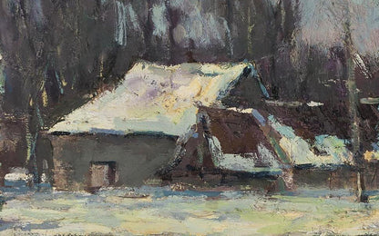 Oil painting After a cold night Volodymyr Pashchenko rustic snowy house