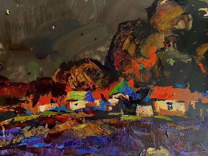 Oil painting Moonlit night by Oleksiy Ivanyuk with bold green, red, blue strokes
