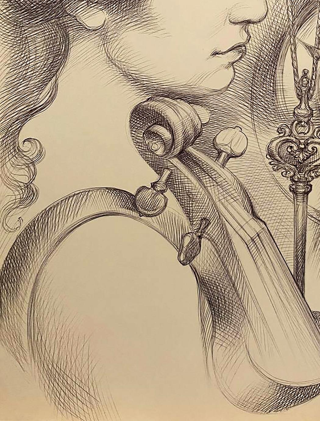 Detailed pencil sketch of violin by Natalia Bulat, fine cross-hatching
