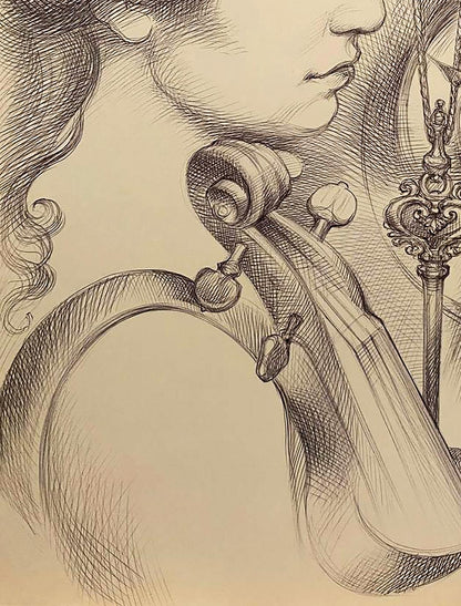 Detailed pencil sketch of violin by Natalia Bulat, fine cross-hatching