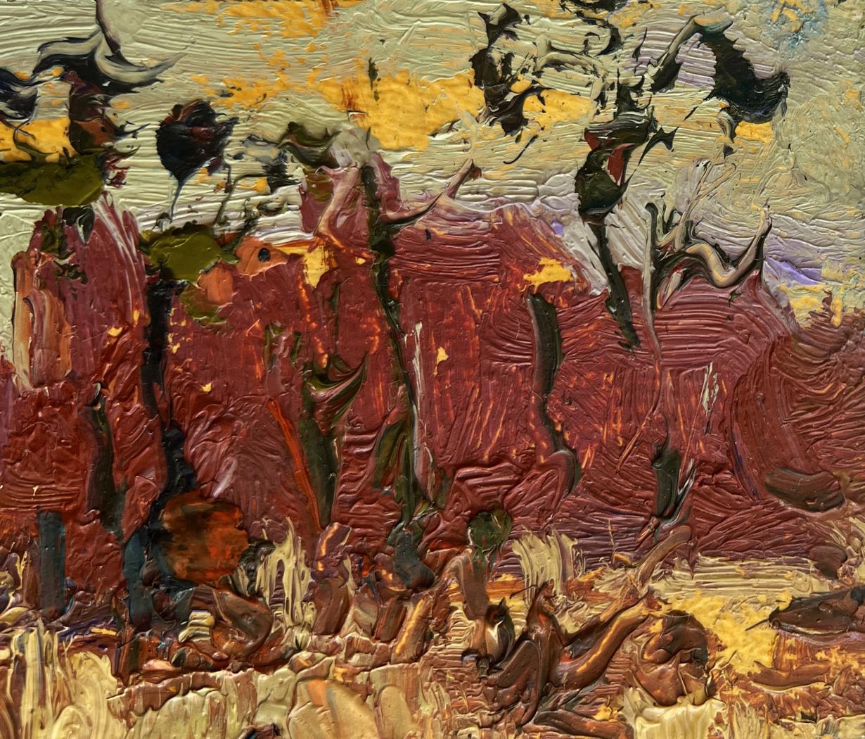 Oil painting On the autumn river Oksana Ivanyuk: red ochre cliffs, swirling sky