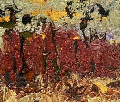 Oil painting On the autumn river Oksana Ivanyuk: red ochre cliffs, swirling sky
