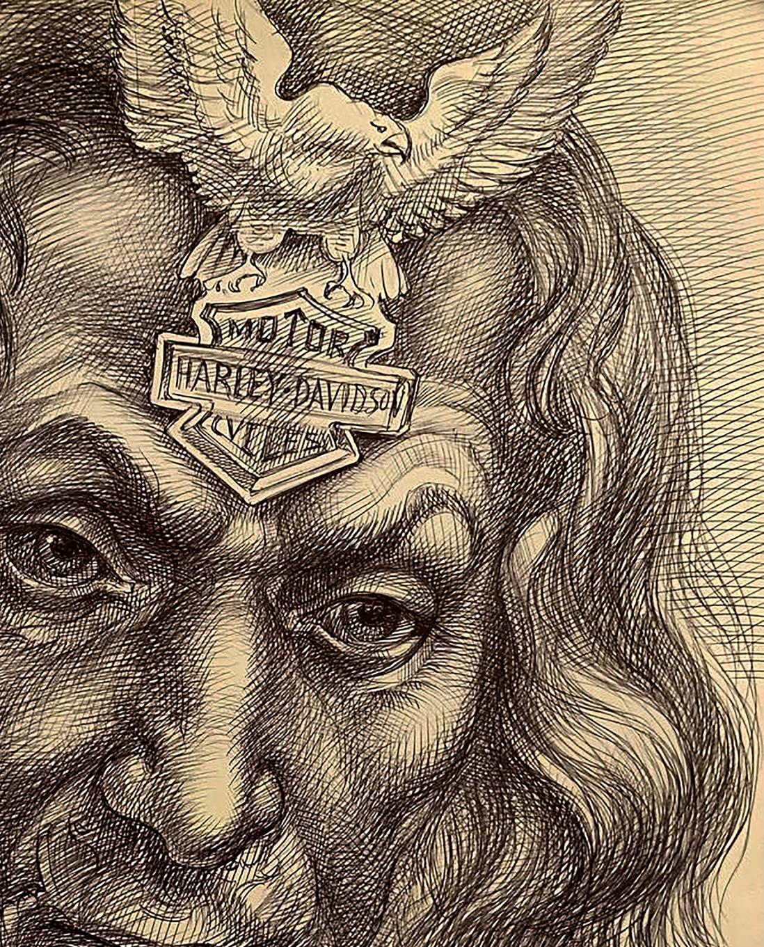 Harley-Davidson eagle emblem sketch in Pen painting Forward with speed Natalia Bulat