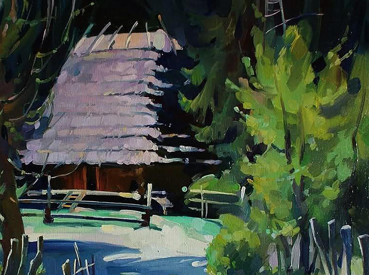 Oil painting of rustic thatched cottage by pond by Anastasia Yaroshevich