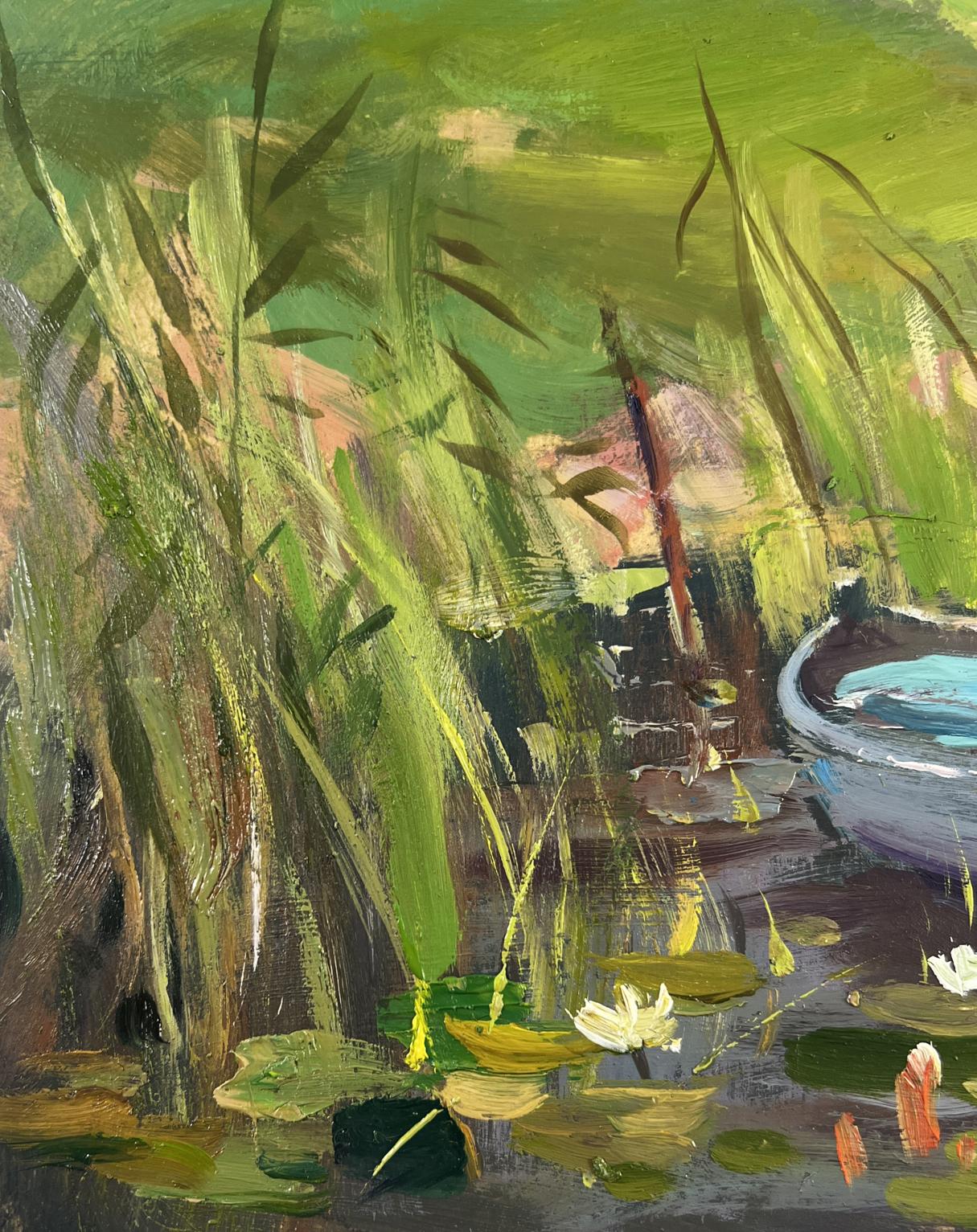 Vibrant green oil painting of village boat ferry among reeds and lily pads by Yuriy Suprunchuk
