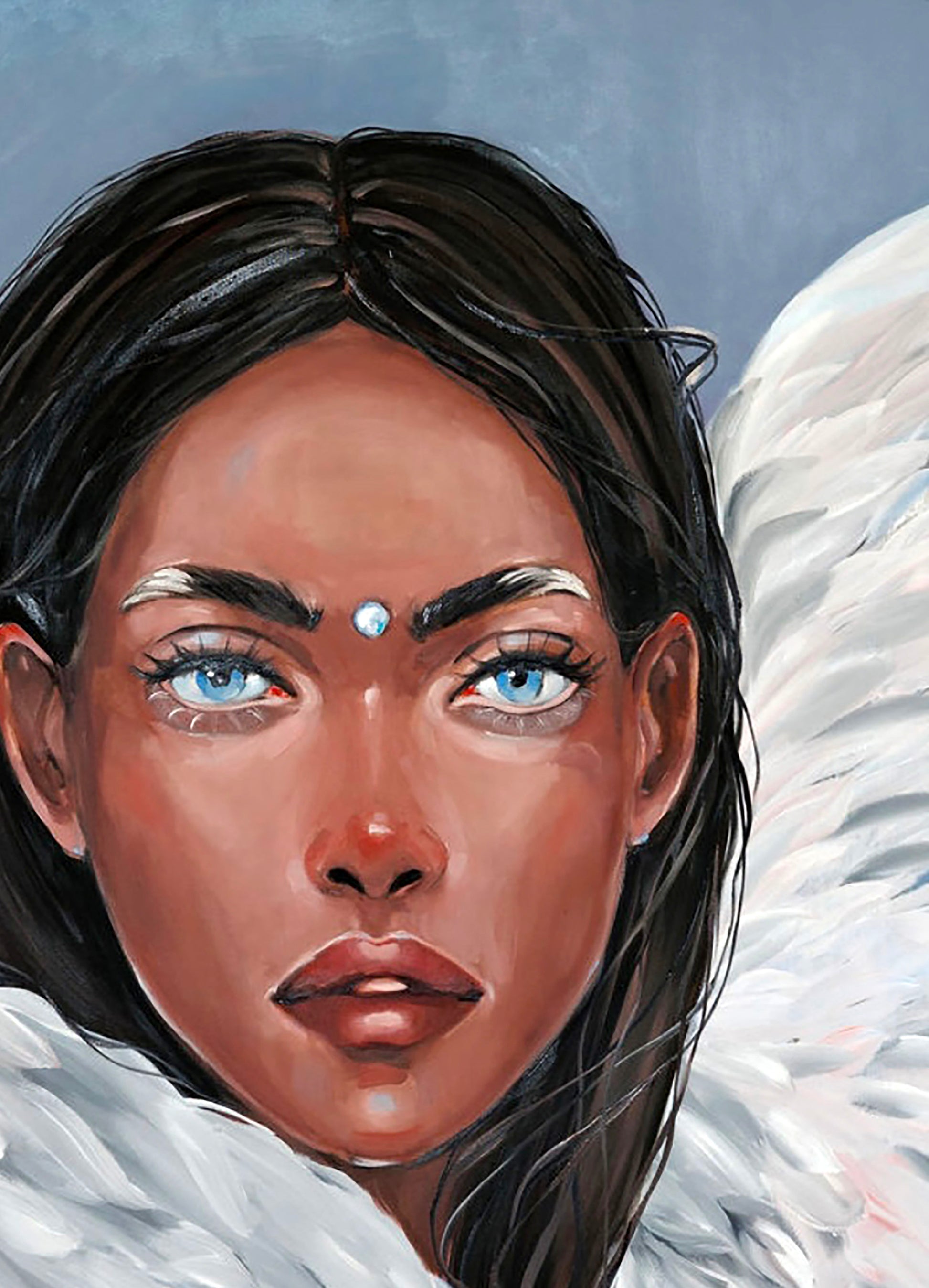 Oil painting Wings by Victoria Kagalovska angelic woman blue eyes wing