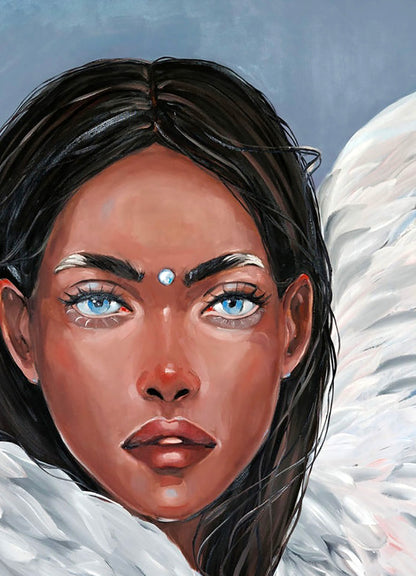 Oil painting Wings by Victoria Kagalovska angelic woman blue eyes wing