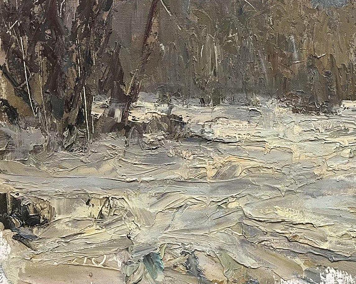 Textured impressionistic oil painting of snowy forest riverbank by Volodymyr Pashchenko