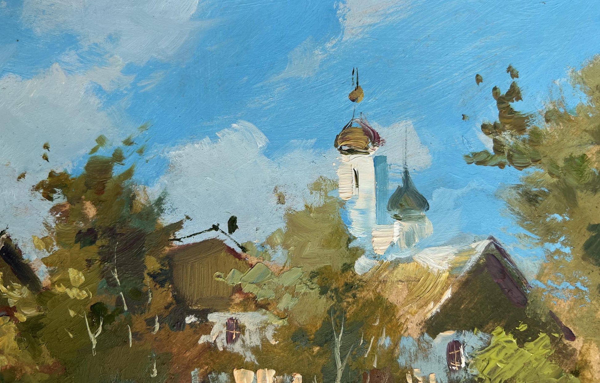 Oil painting of white church with golden blue domes by Yuriy Suprunchuk