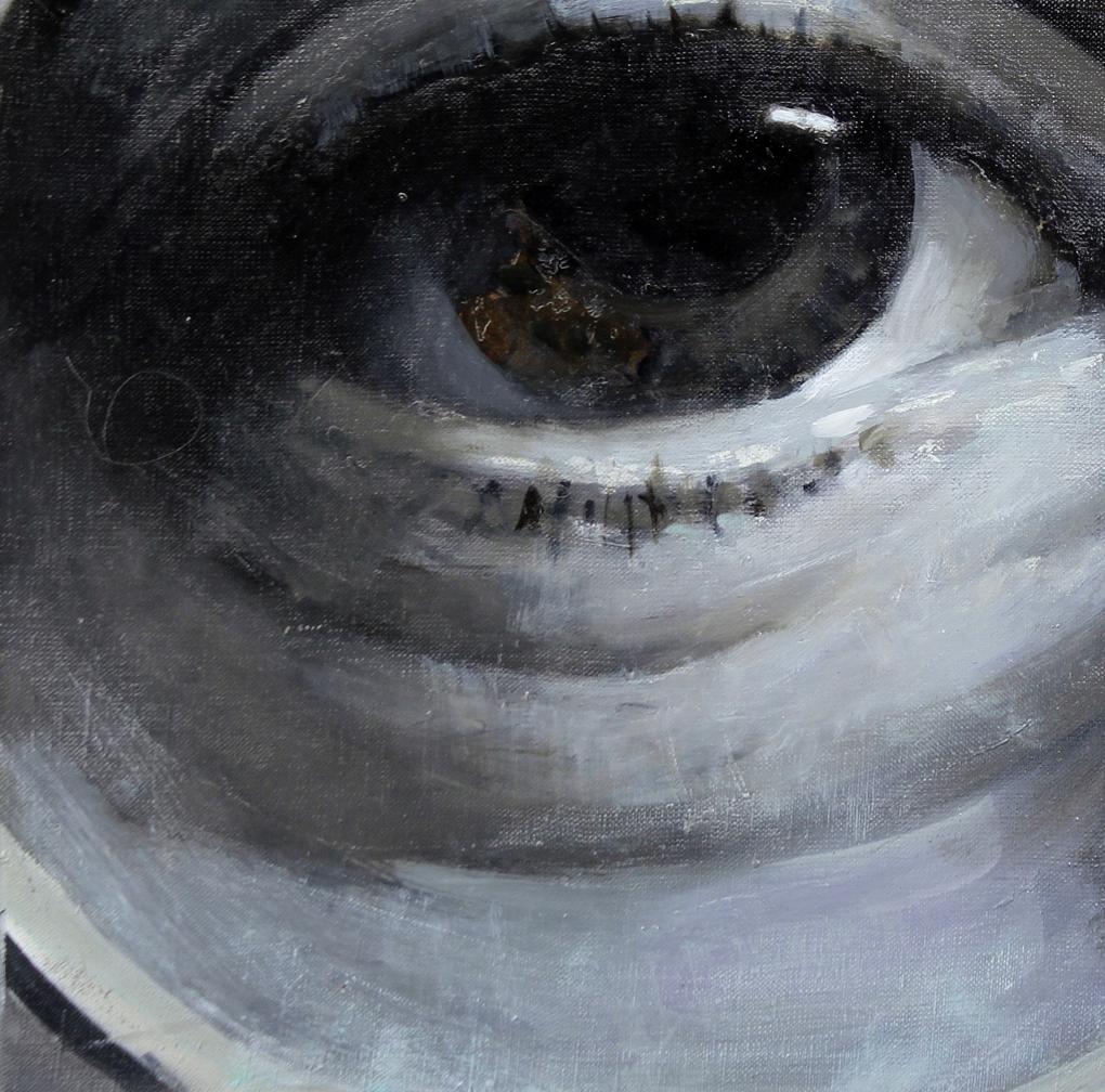 Grayscale oil painting of human eye by John Ed Potapenkov, textured brushstrokes
