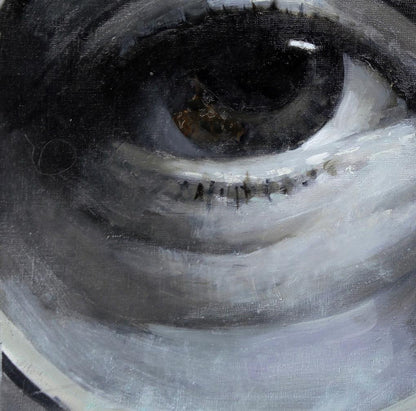 Grayscale oil painting of human eye by John Ed Potapenkov, textured brushstrokes