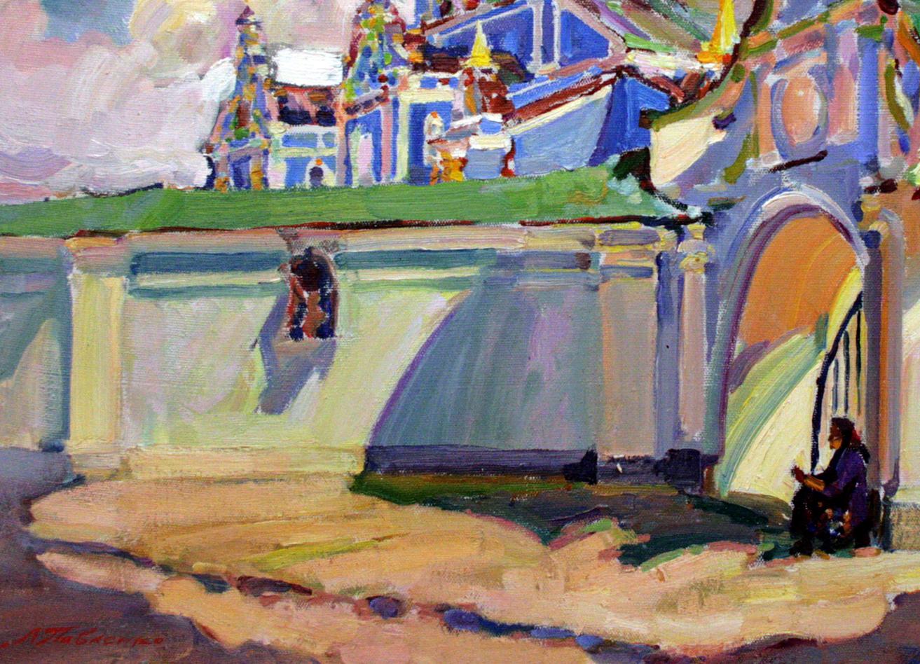 Oil painting Near the gates of the cathedral by Leonid Pavlenko with blue green domes