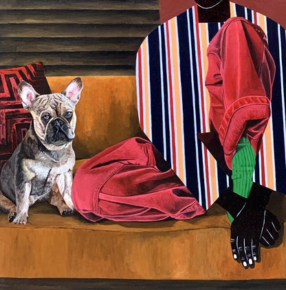 Brindle French bulldog with pink ears in Solemn dialogue painting by Akintomide Akinshola