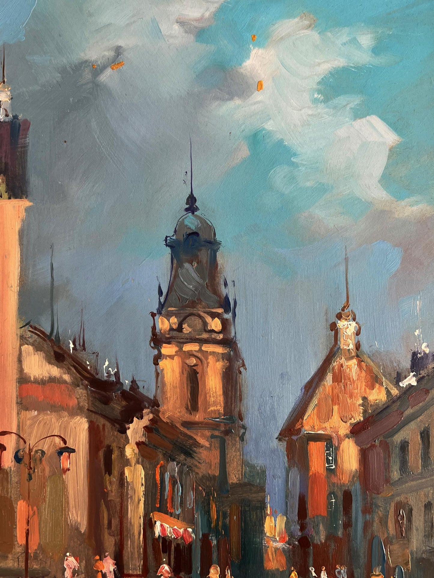 Oil painting of historic European city with river by Yuriy Suprunchuk
