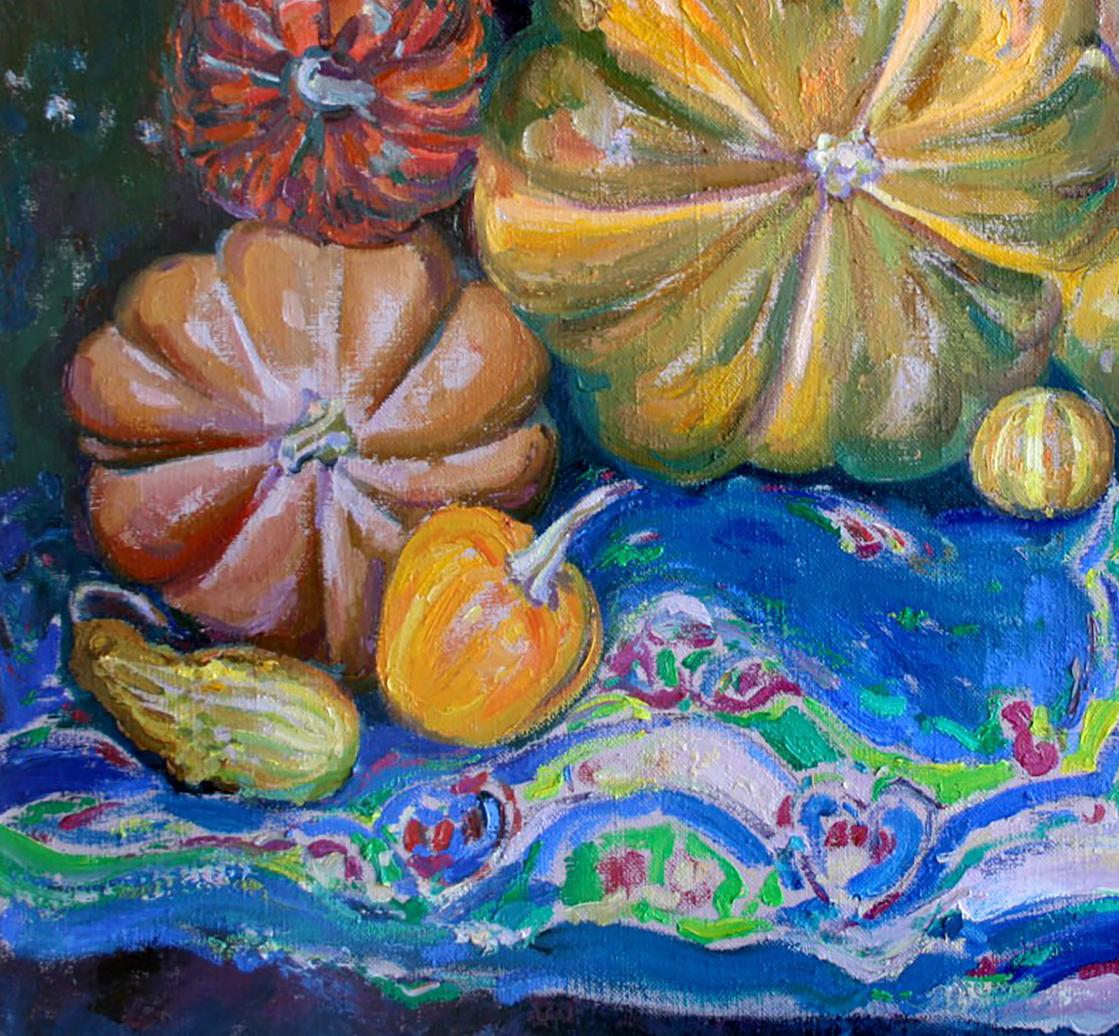 Vibrant oil painting of large and small pumpkins by Leonid Pavlenko