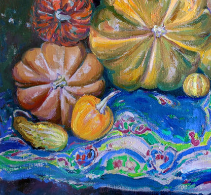 Vibrant oil painting of large and small pumpkins by Leonid Pavlenko