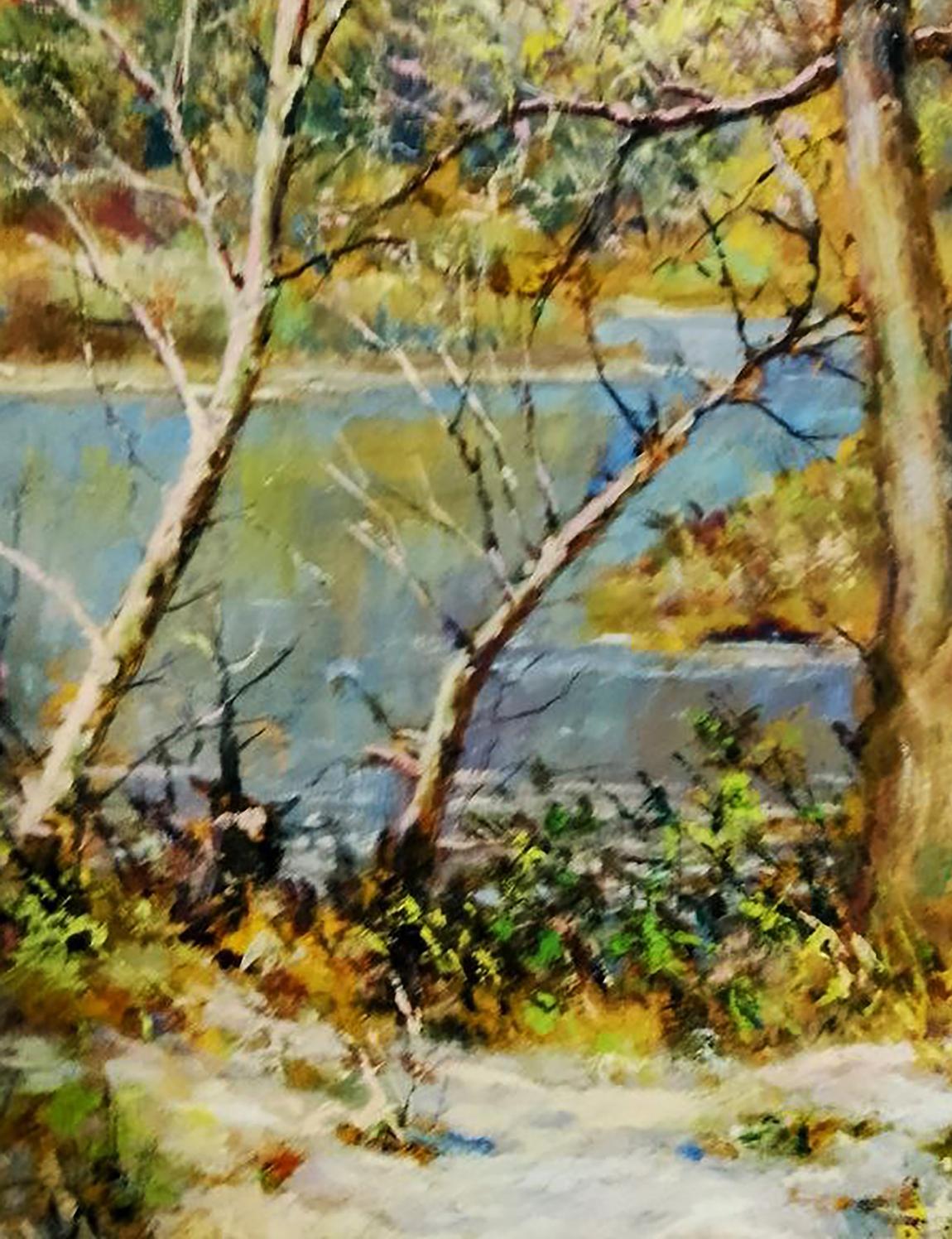 Serene oil painting of autumn river in forest by Vitaly Duhnevich
