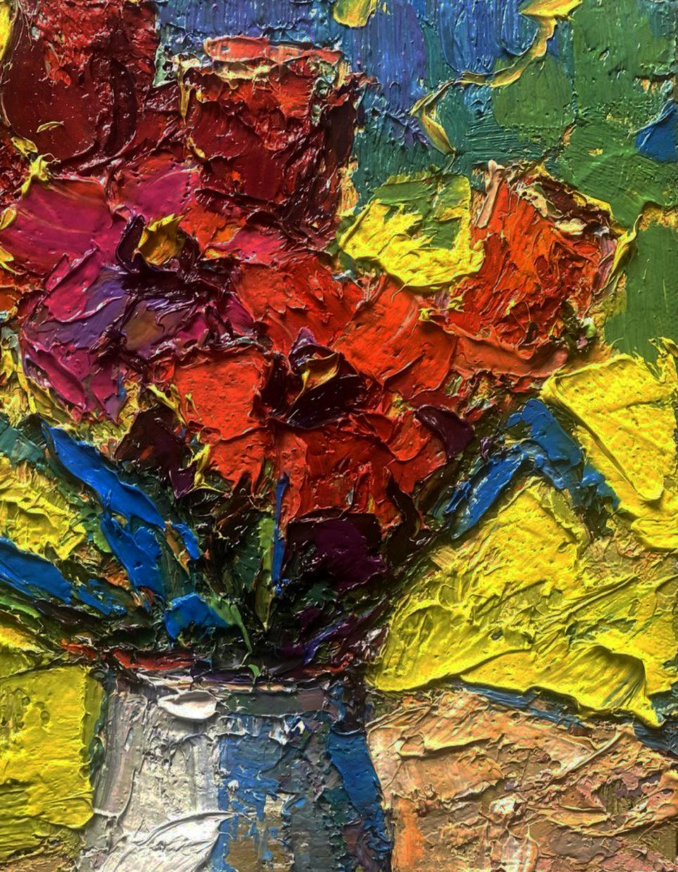 Vibrant tulip bouquet oil painting by Oksana Ivanyuk in silver vase