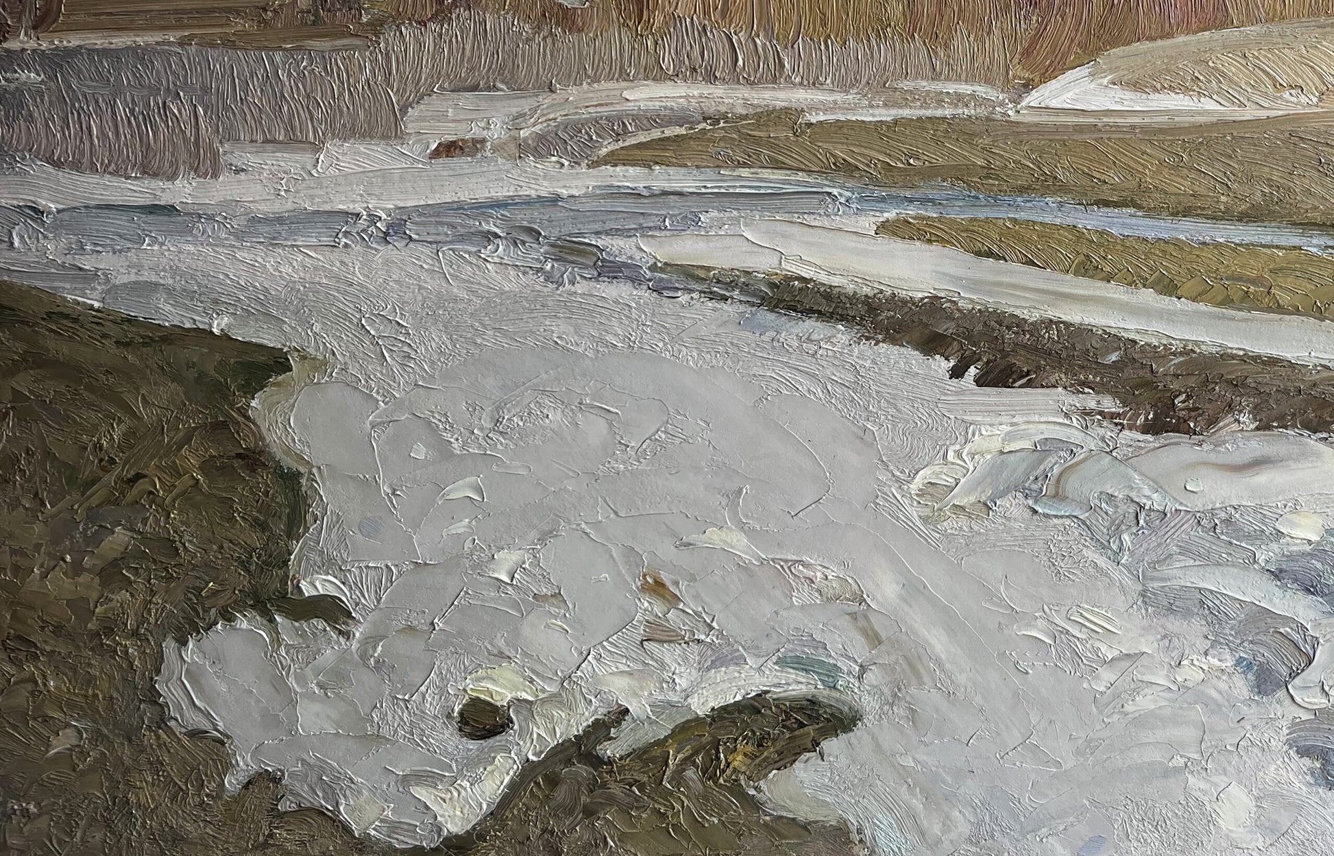 Oil painting Autumn Snow by Anatolii Zhezher, textured river landscape
