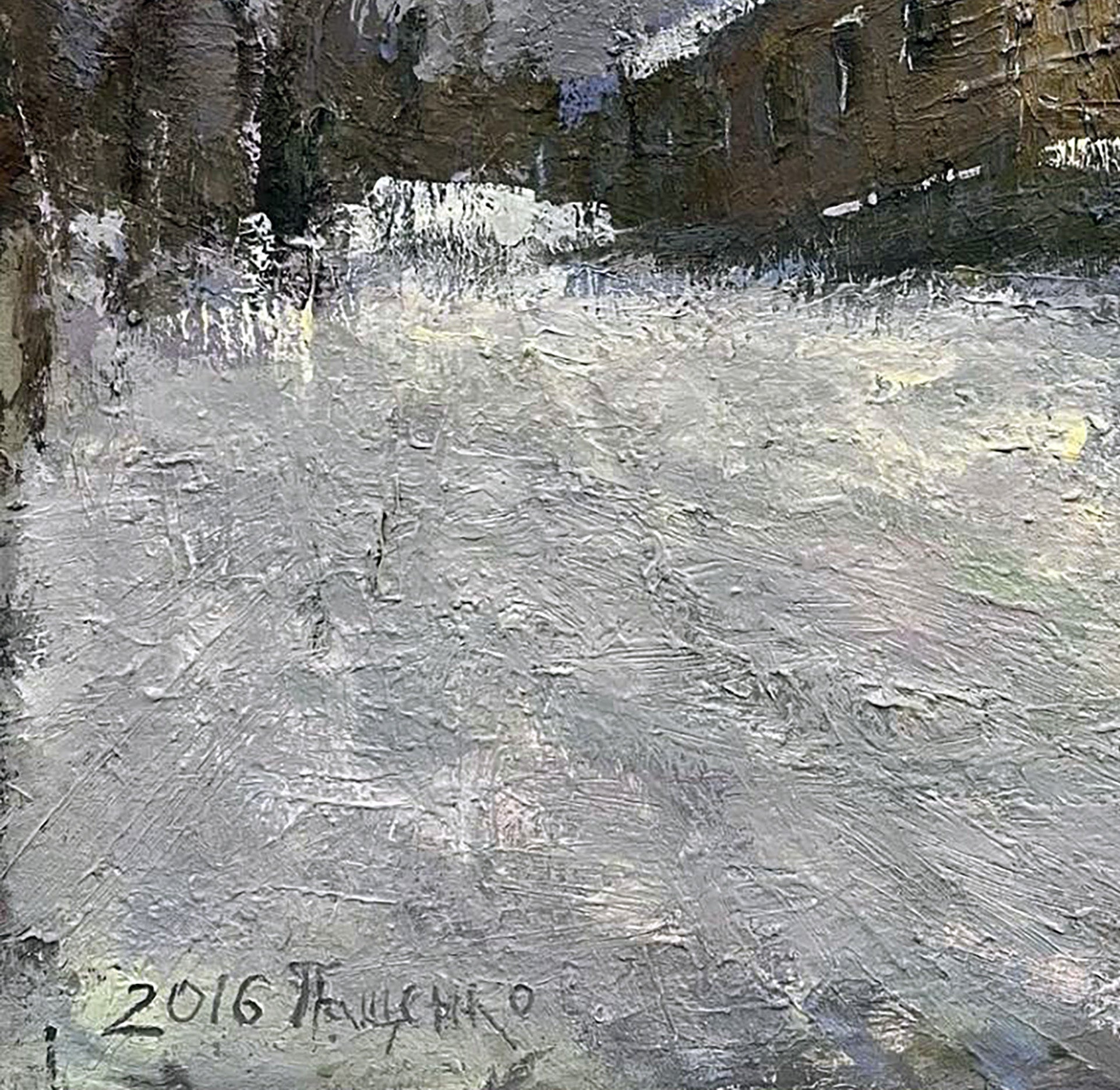 Abstract textured oil painting of rugged city alleys by Volodymyr Pashchenko