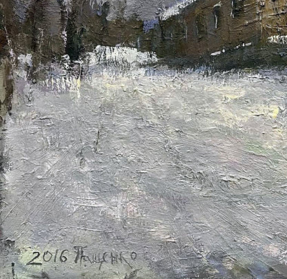 Abstract textured oil painting of rugged city alleys by Volodymyr Pashchenko