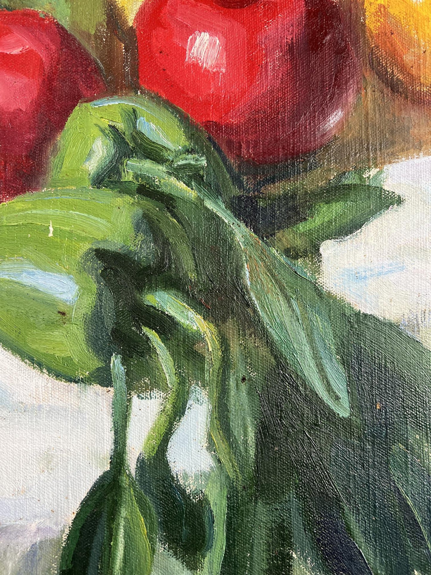 Oil painting of vibrant green bell pepper on dining table by Zinovy Filippov