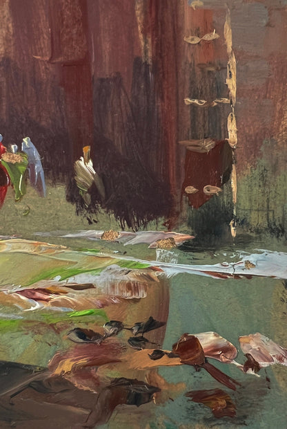 Oil painting Tour of the ancient castle by Yuriy Suprunchuk in reds, greens, browns