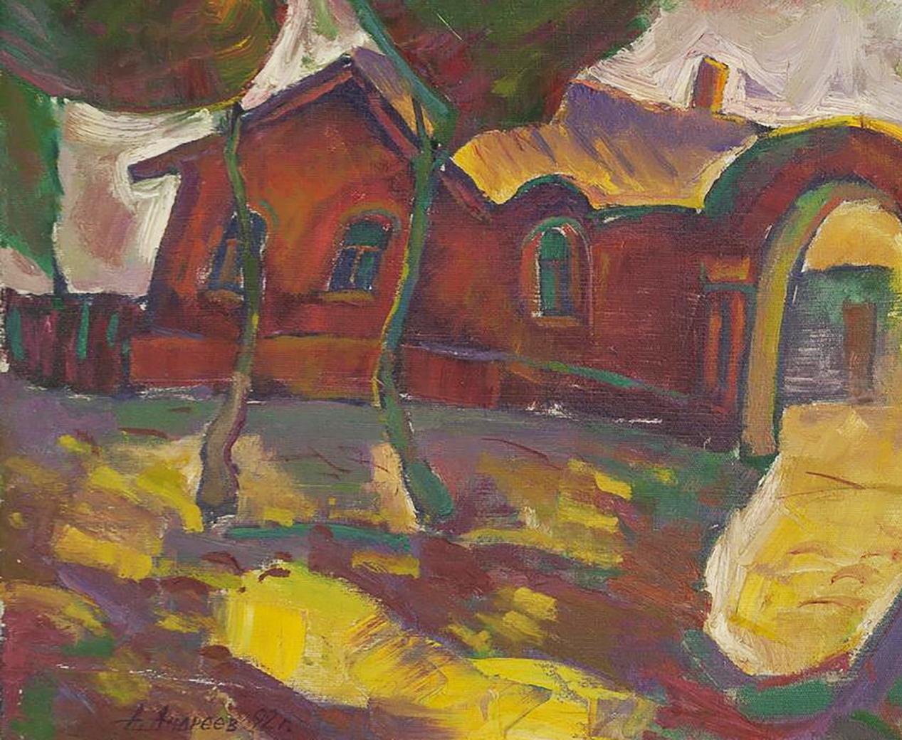 Vibrant impressionist oil painting of red brick house by Oleksandr Andreev