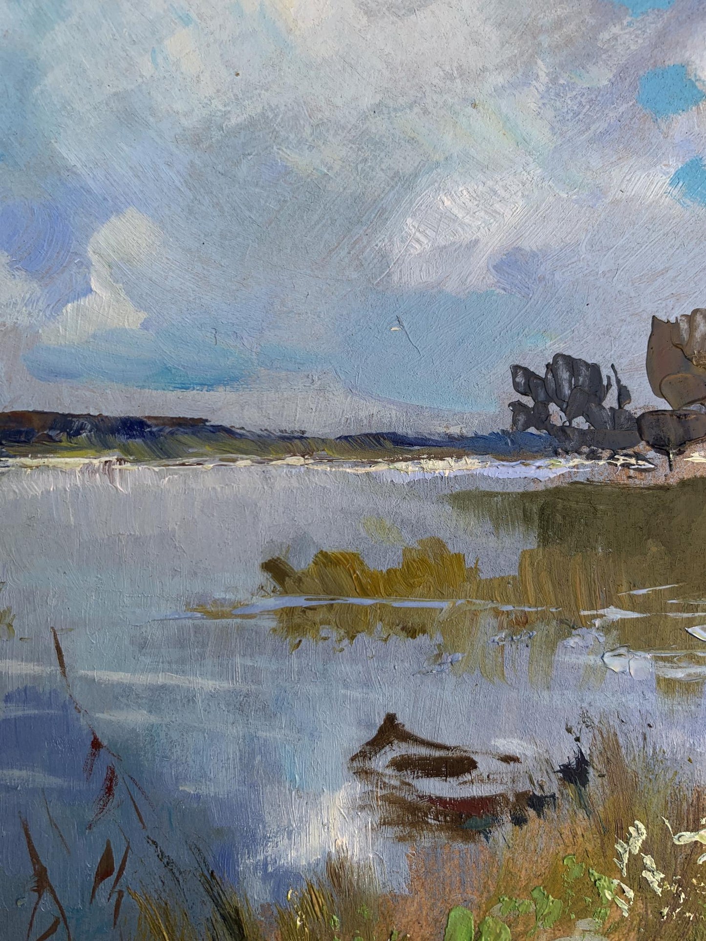 Oil painting by Yuriy Suprunchuk: rowboat on calm water in serene nature landscape