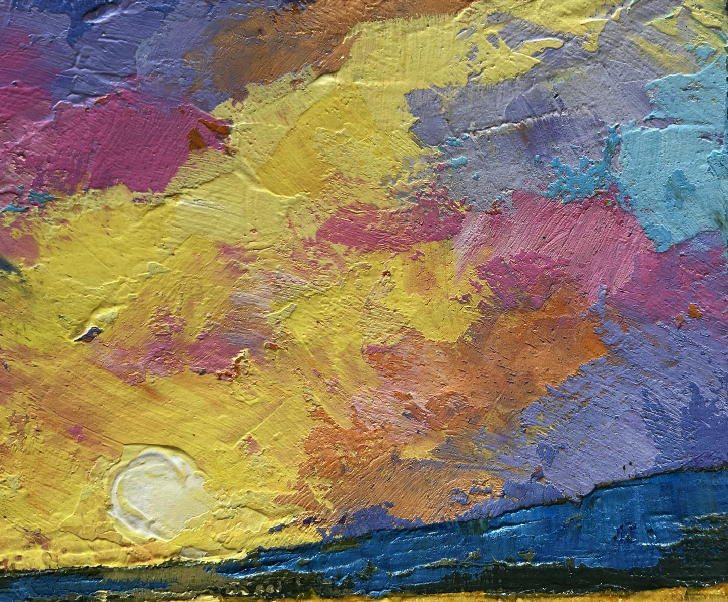 Vibrant oil painting Sunset after the rain by V. Zadorozhnya in yellow, pink, purple, blue