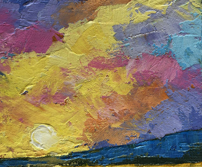 Vibrant oil painting Sunset after the rain by V. Zadorozhnya in yellow, pink, purple, blue