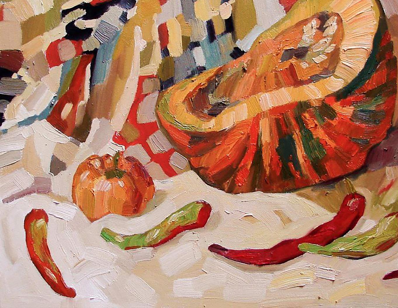 Oil painting of big orange squash with green stripes by Tatyana Shulyak