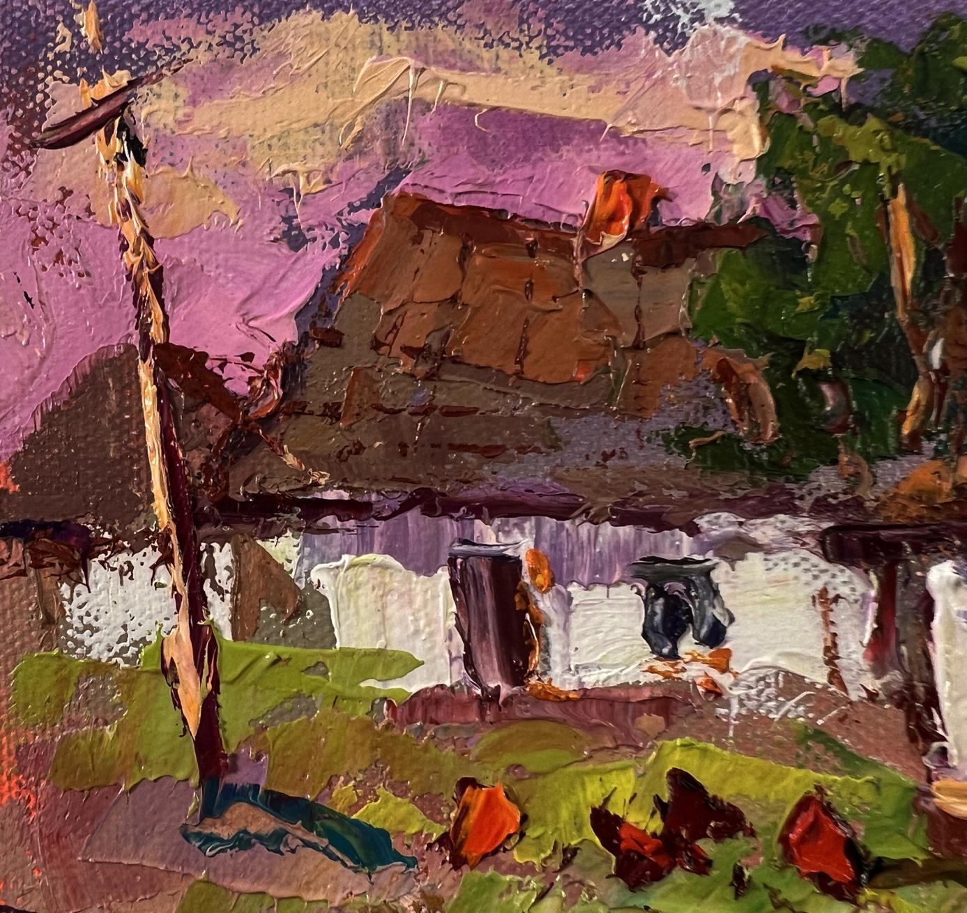 Oil painting Pink sunset over the village by Oksana Ivanyuk