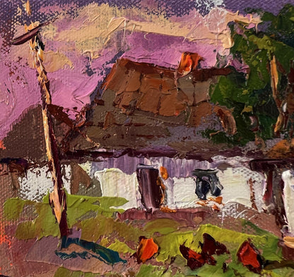 Oil painting Pink sunset over the village by Oksana Ivanyuk