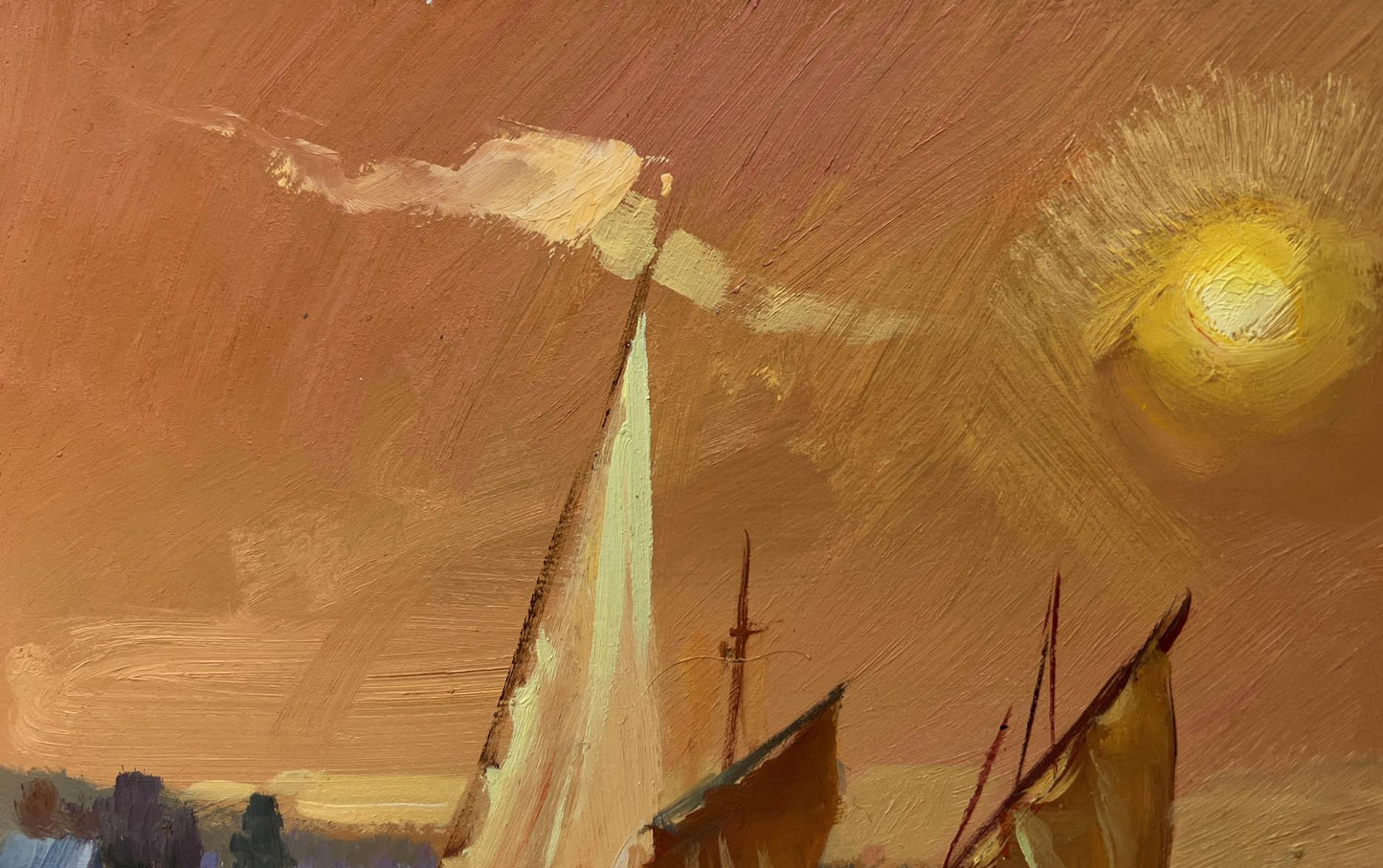 Oil painting of white sailboat under golden sun by Yuriy Suprunchuk