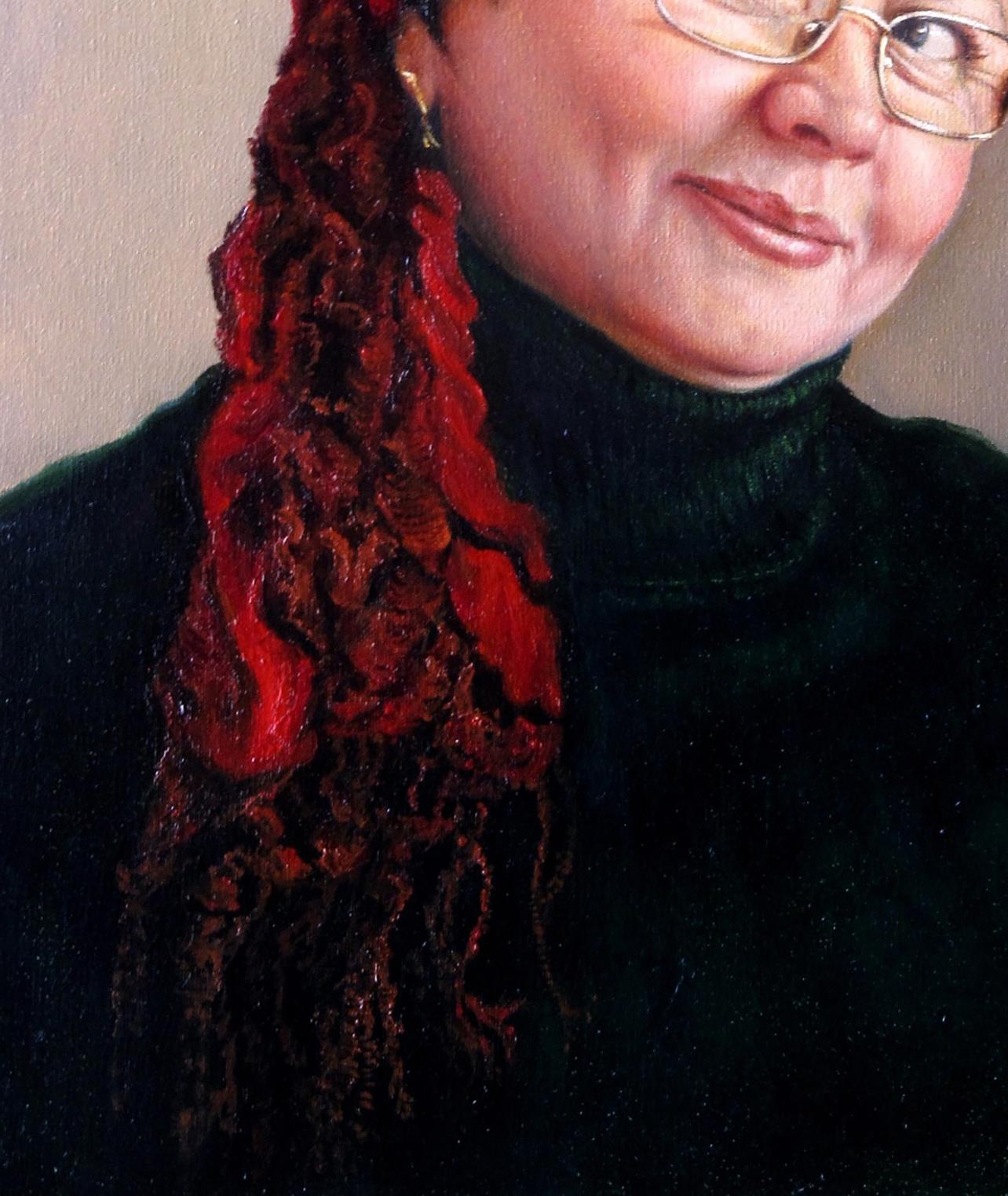 Oil painting Modest Valeriy Bulat: deep red brown braided scarf on black turtleneck