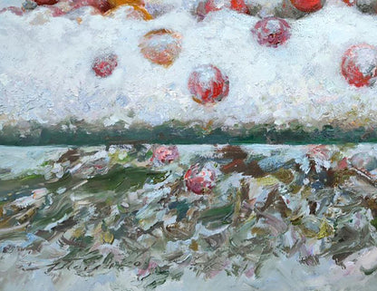 Oil painting In the parent’s garden by Leonid Pavlenko: red apples on snow