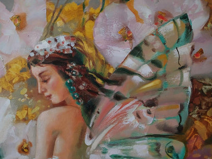 Abstract oil painting of woman with translucent green teal wings by Anatoly Tarabanov