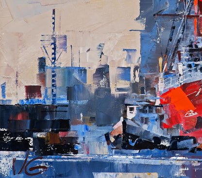 Oil painting of lighthouse ship return by Volodymyr Gluhomanyuk in blue red beige
