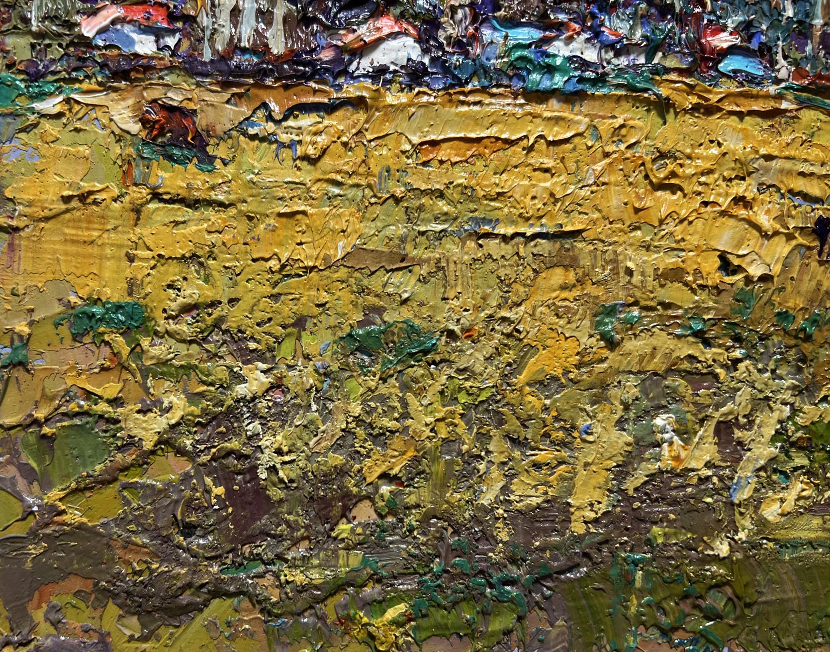 Oil painting of yellow autumn meadows by Oksana Ivanyuk with impasto texture