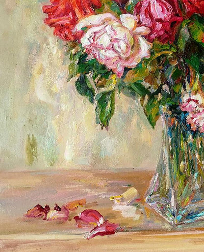 Oil painting of roses by Leonid Pavlenko with red pink bouquet